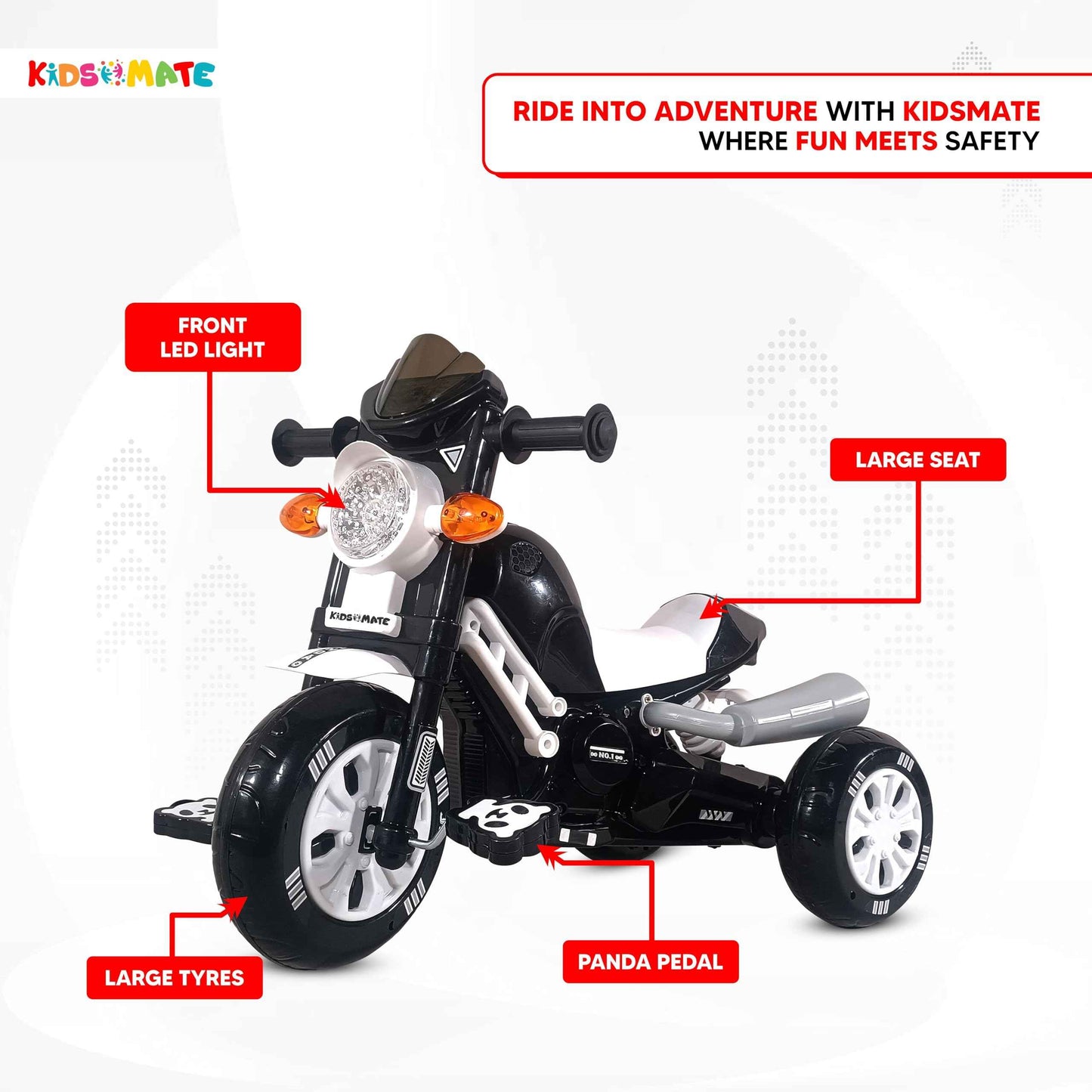 Kidsmate Turbo Bike Pedal Tricycle for Kids | Musical Horn & Lights | Ages 3-6 | Black-White