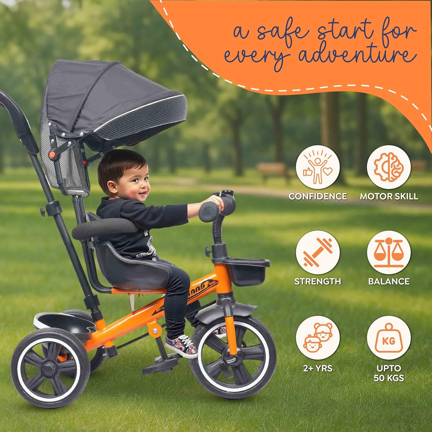 Luusa® TFT Hyper 500 PRO Canopy Plug N Play Tricycle/Baby Tricycle with Parental Control for Age Group 2+ Years Boys/Girls/Carrying Capacity Upto 30-KGS Proudly Made in India (ICE-Blue)