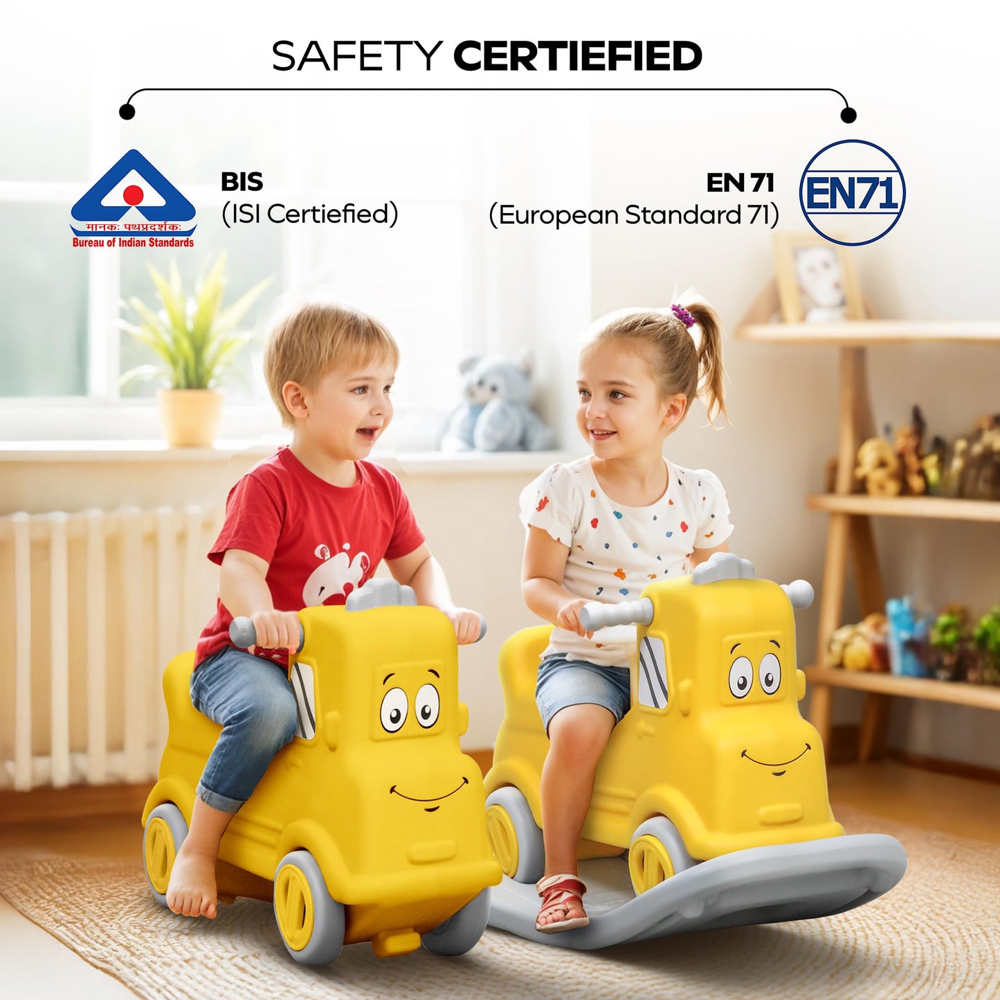 Happy Bear 3-in-1 Rock and Roll Ride-On | Push Car for 1 – 5 Years | Rocking Horse for Toddlers | Balance Board | Safe, Sturdy & Fun Indoor Toy - Yellow