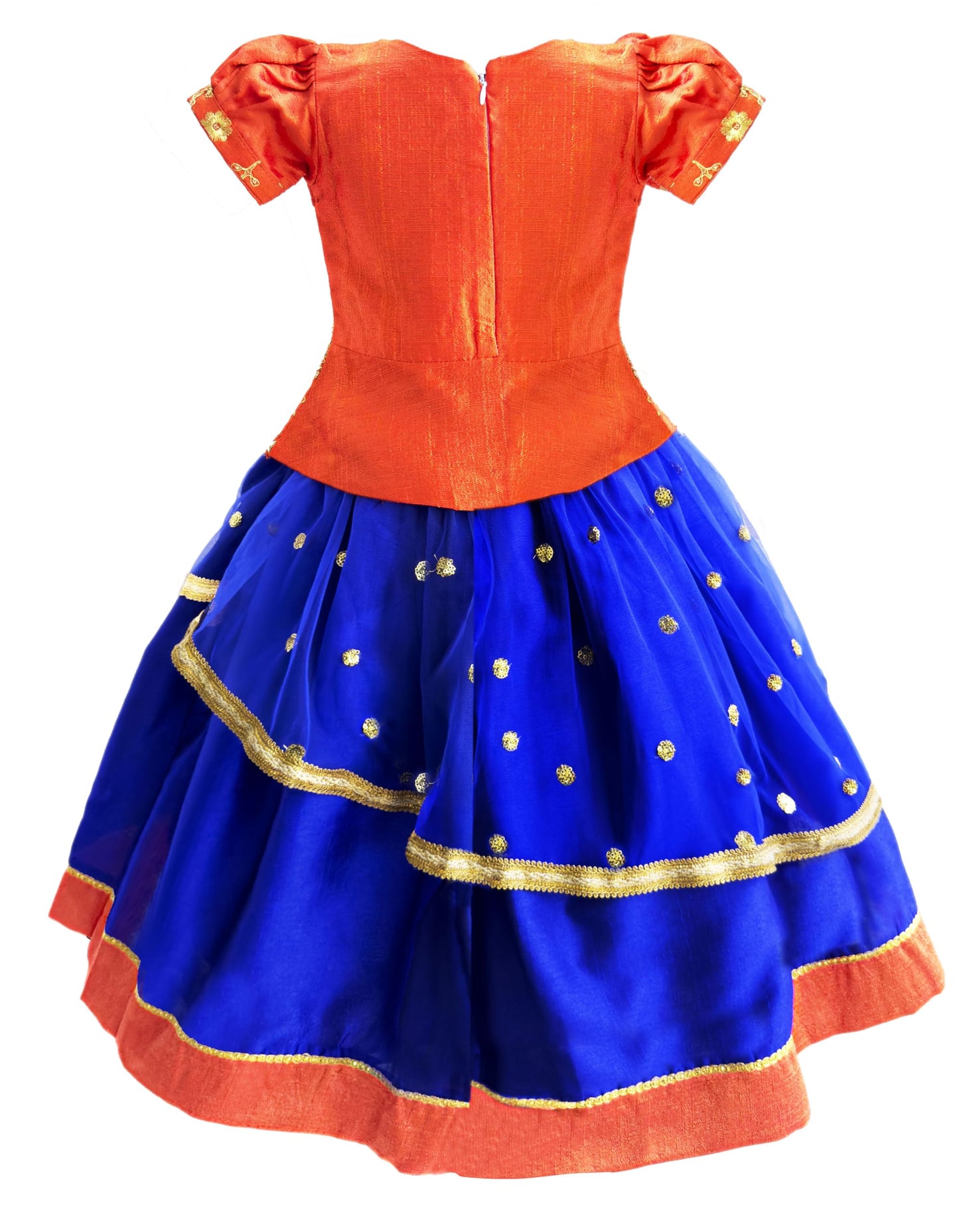 Stanwells Kids Girls Orange & Magenta Mirror Work Flared Net Sleeveless Lehenga Choli Set Pattupavadai for Girls