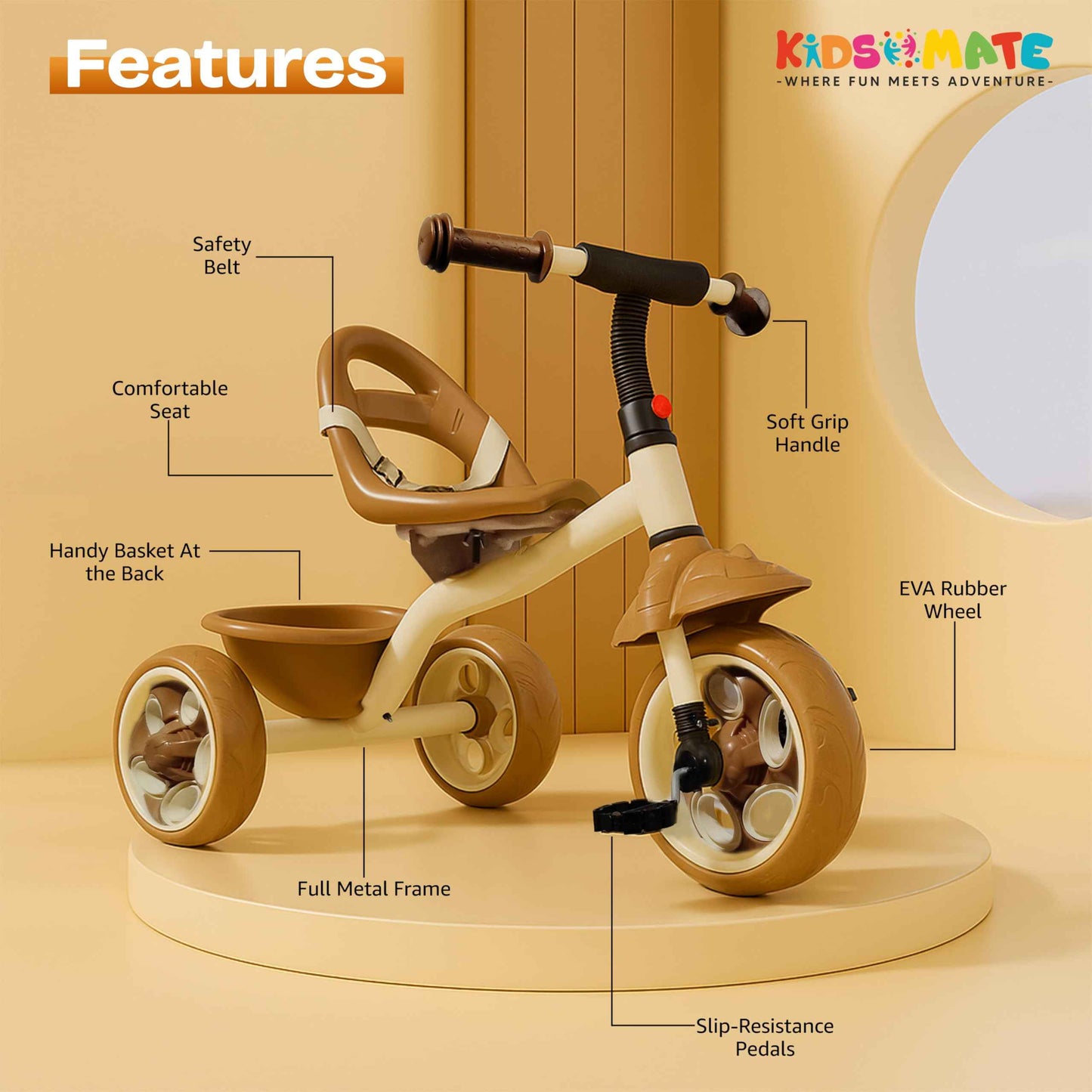 Kidsmate Xplorer 3-in-1 Tricycle for Kids | Durable Plug & Play Baby Trike with EVA Wheels, Safety Rail & Push Handle for Parents | Safe & Comfortable Ride for Toddlers 12-48 Months - Blue
