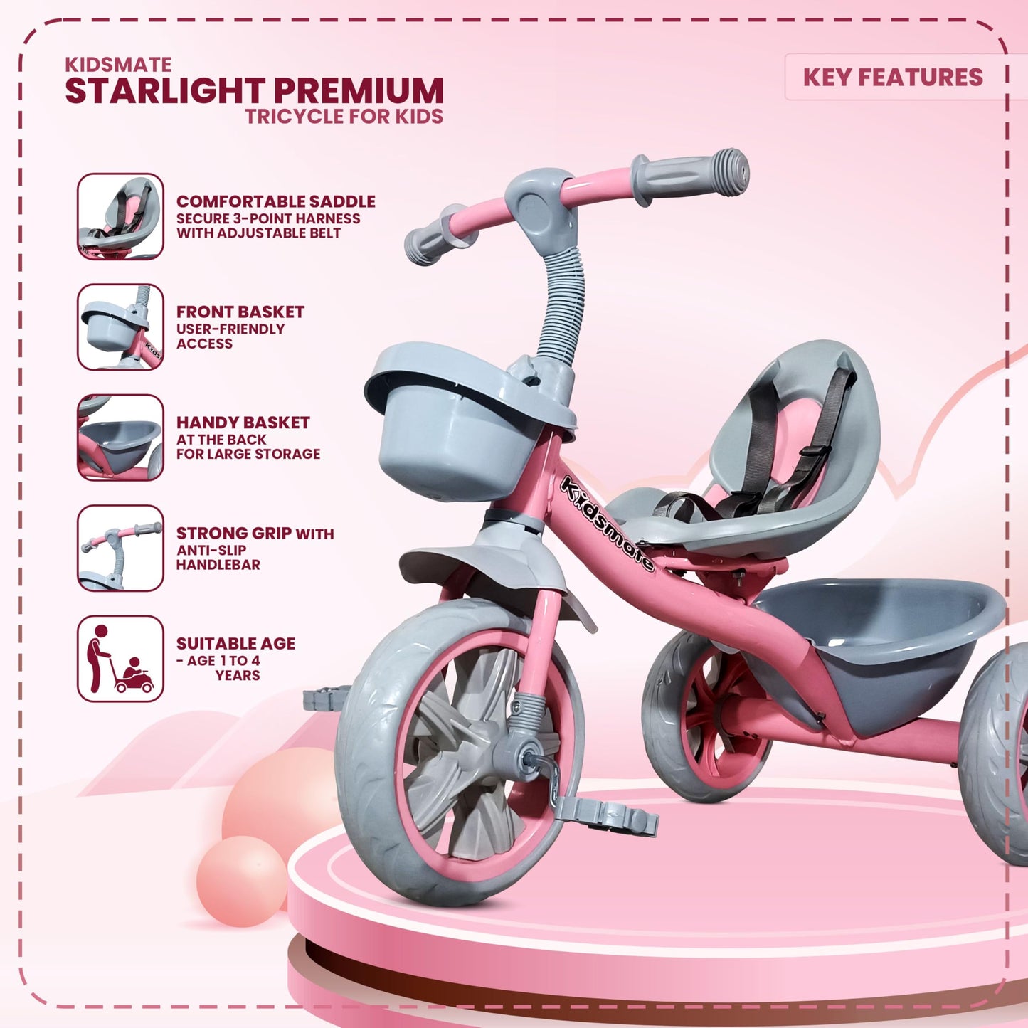 Kidsmate Xplorer 3-in-1 Tricycle for Kids | Durable Plug & Play Baby Trike with EVA Wheels, Safety Rail & Push Handle for Parents | Safe & Comfortable Ride for Toddlers 12-48 Months