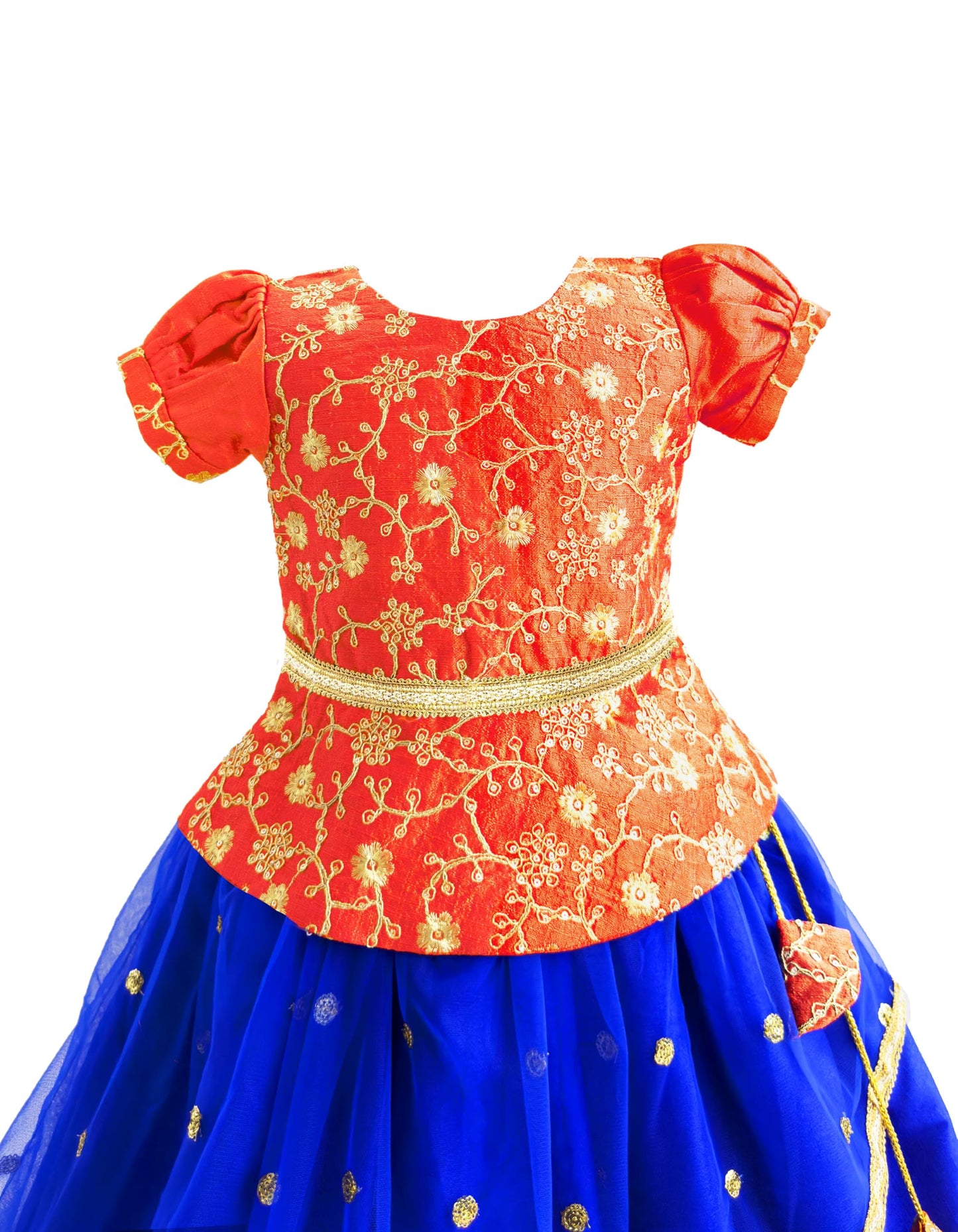 Stanwells Kids Girls Orange & Magenta Mirror Work Flared Net Sleeveless Lehenga Choli Set Pattupavadai for Girls