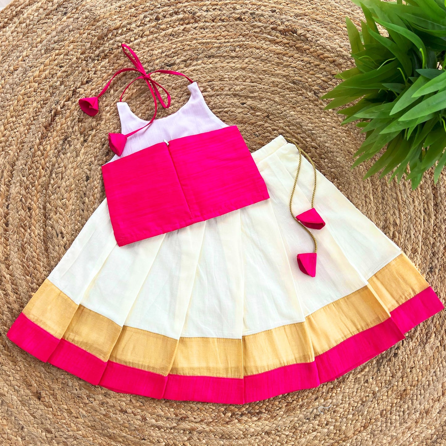 Stanwells Kids Girls Orange & Magenta Mirror Work Flared Net Sleeveless Lehenga Choli Set Pattupavadai for Girls