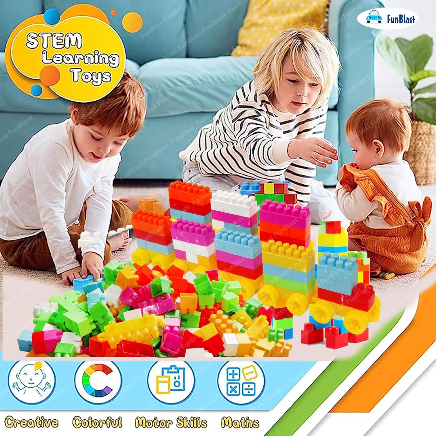 FunBlast DIY Plastic Building Blocks for Kids Building Blocks Toy for Kids Puzzle Games for Kid, Toys for Children Educational & Learning Toy for Kid, Girls & Boys - (250+ Blocks with 38 Wheels)