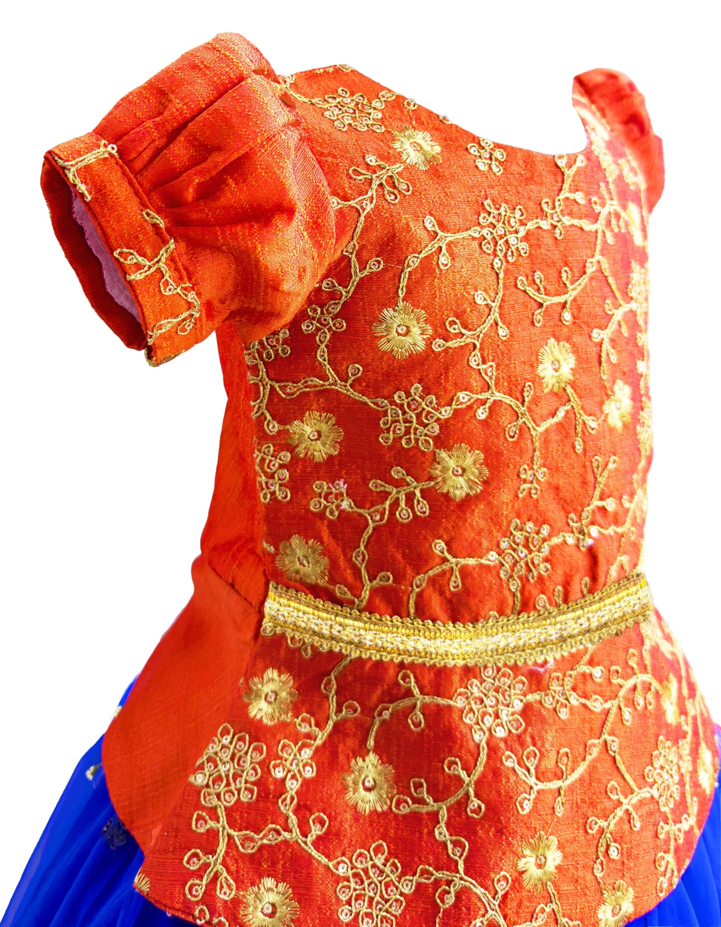 Stanwells Kids Girls Orange & Magenta Mirror Work Flared Net Sleeveless Lehenga Choli Set Pattupavadai for Girls
