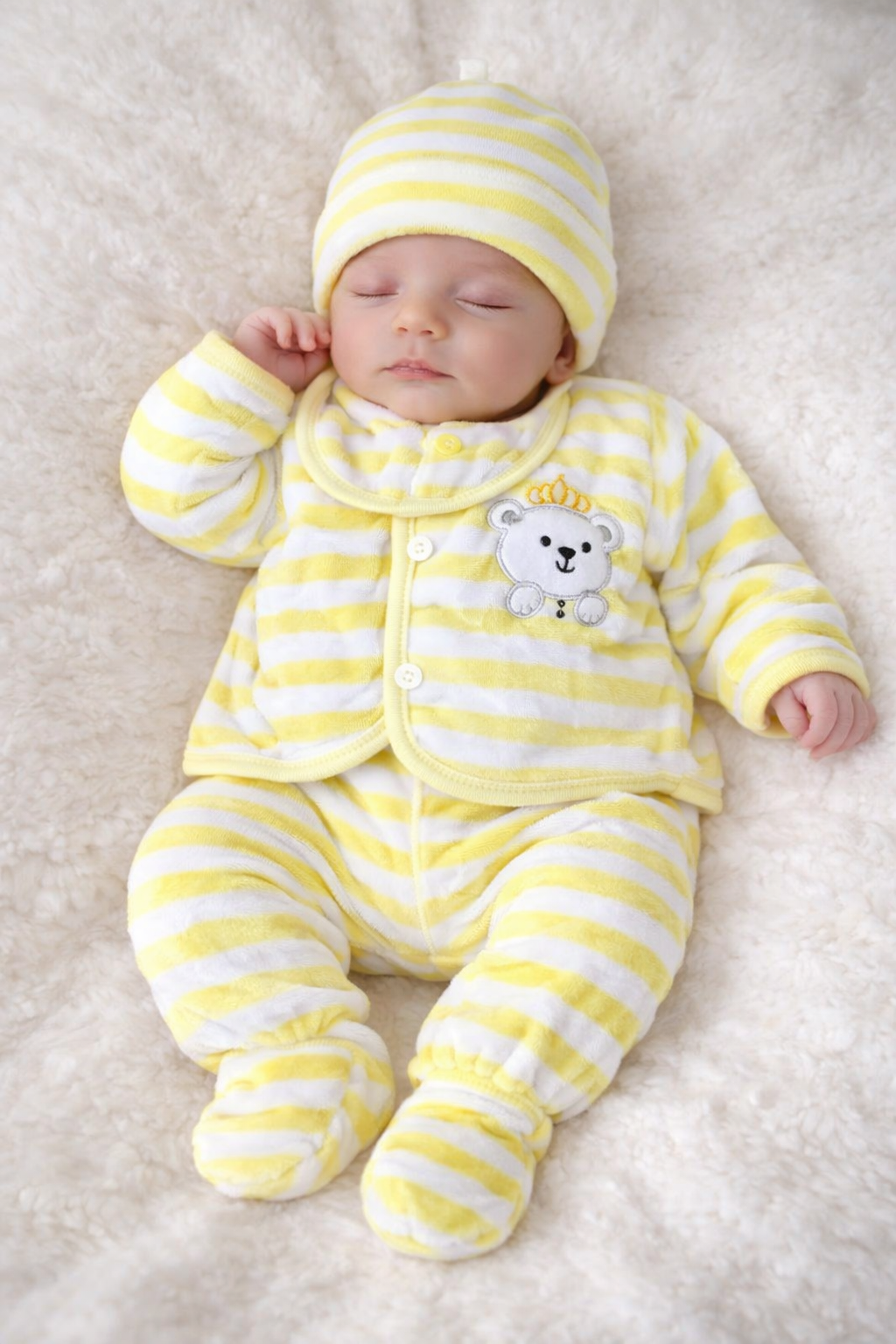 Adorable Light Yellow New Born Set With Two Pajamas, Cap and Bib