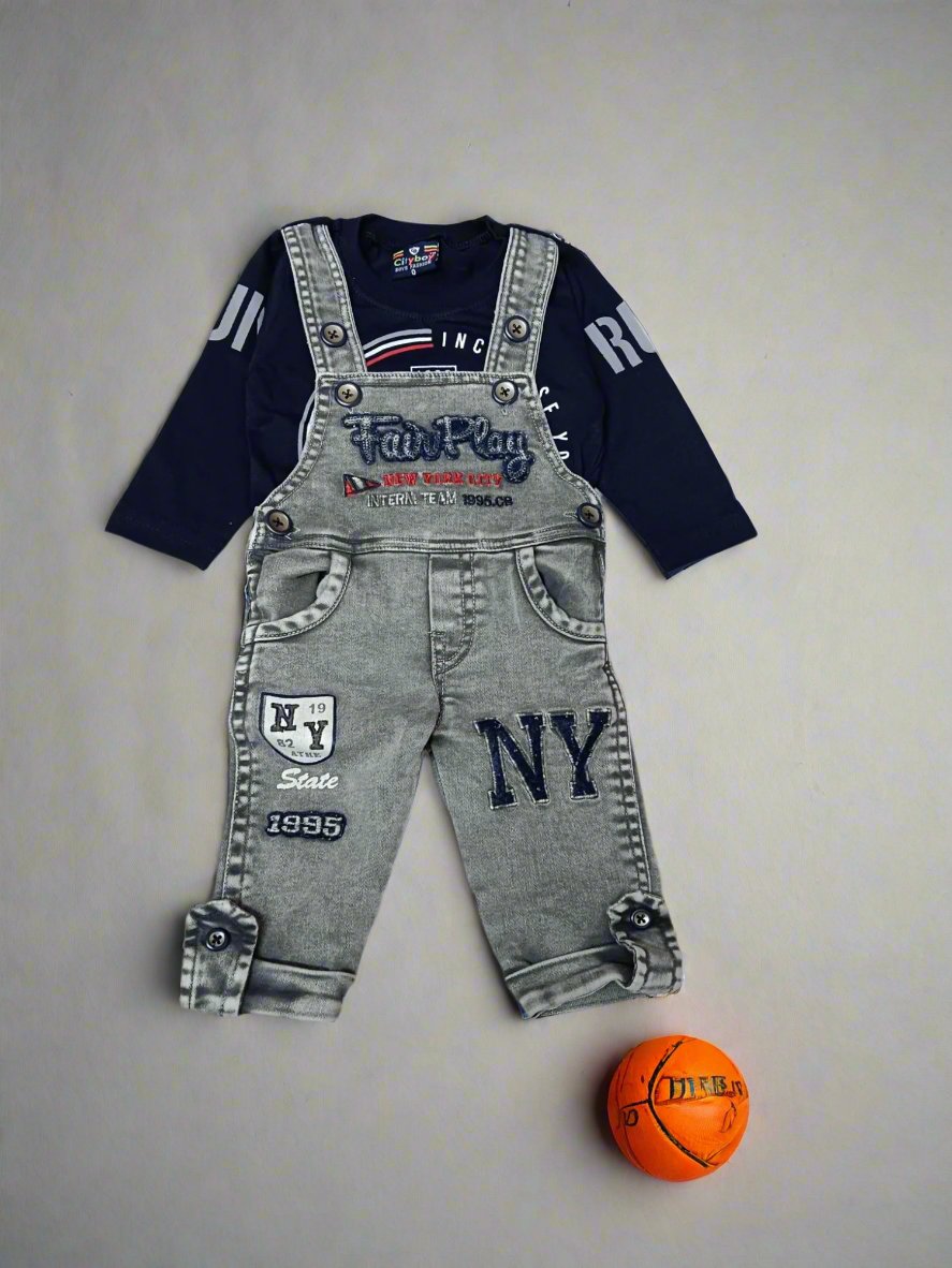 Stylish Children's Dungaree Gray Navy Blue with Fun Details