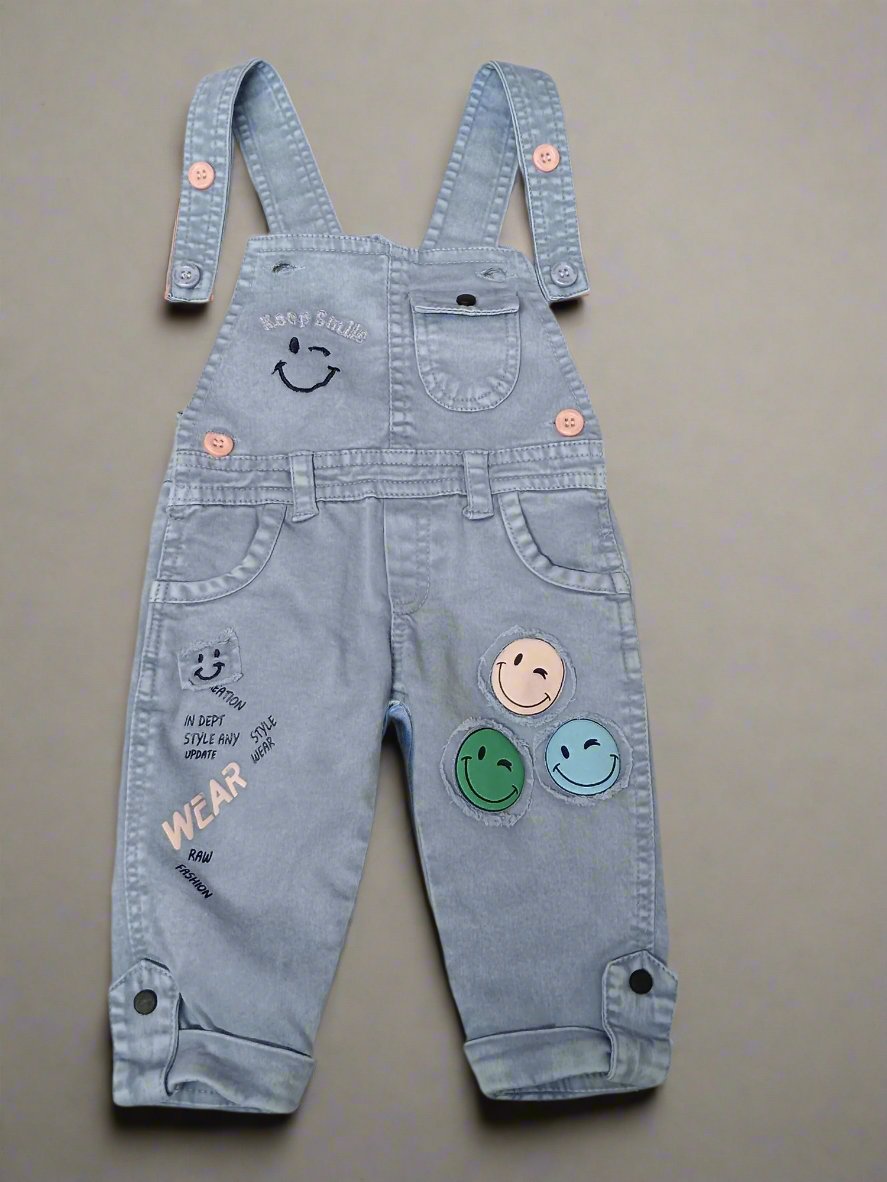 Adorable Denim Dungaree Outfit for Kids with Smiley Faces
