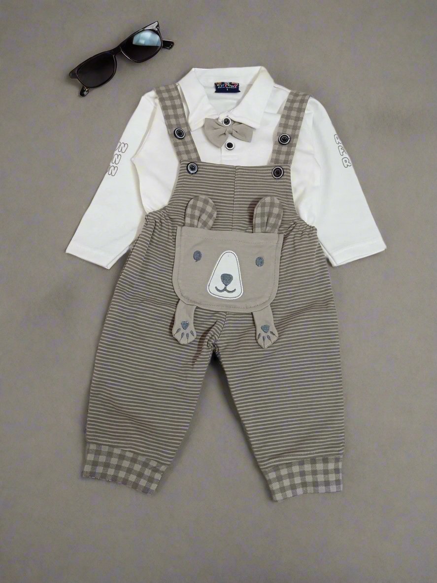 Adorable Striped Baby Overalls Dungaree with Bear Design