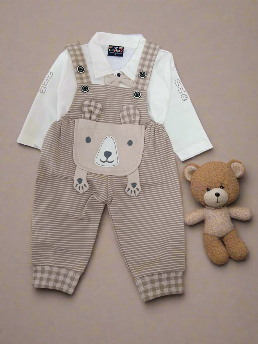 Adorable Striped Baby Overalls Dungaree with Bear Design