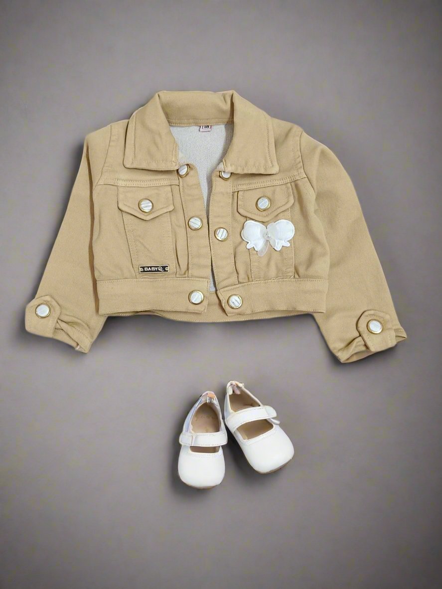 Charming Beige and White Three Piece Set: Frock, Jacket, and Jeans