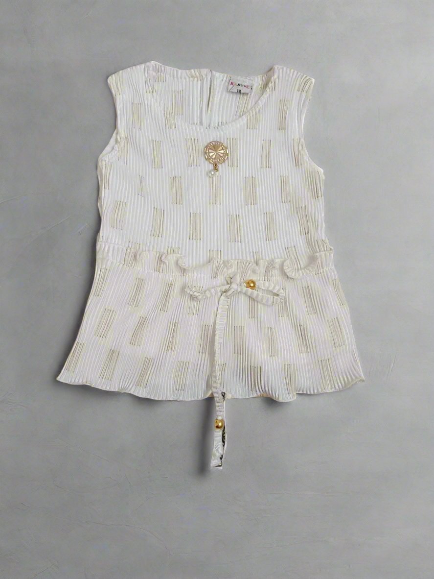 Charming Beige and White Three Piece Set: Frock, Jacket, and Jeans