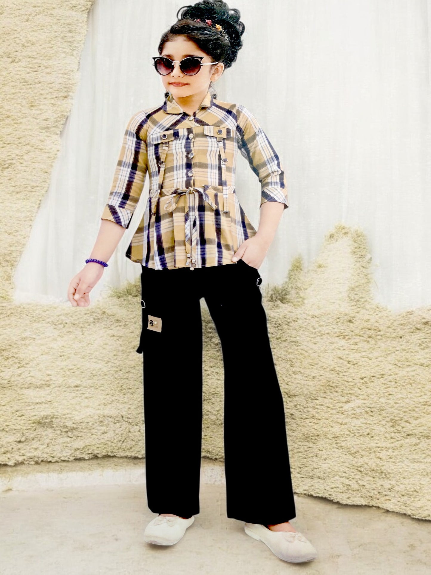 Stylish Plaid Top with Dark Blue Pants for girls - Bumblehugs
