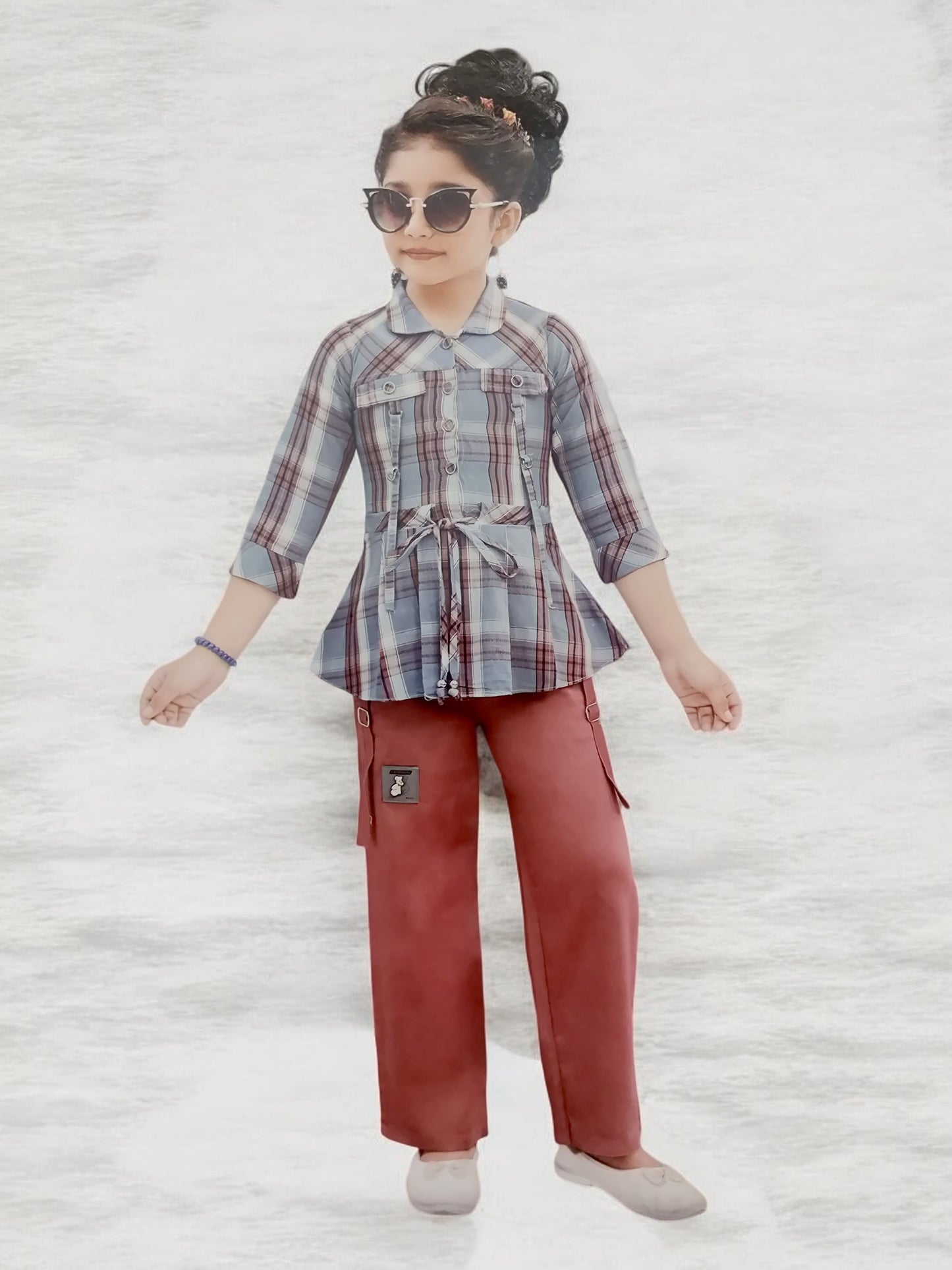 Stylish Plaid Top with Dark Blue Pants for girls - Bumblehugs