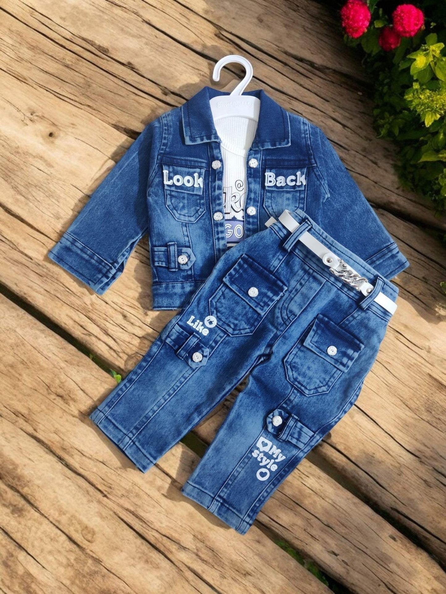 Stylish girl's denim ensemble with jeans, top, and jacket- Bumblehugs.
