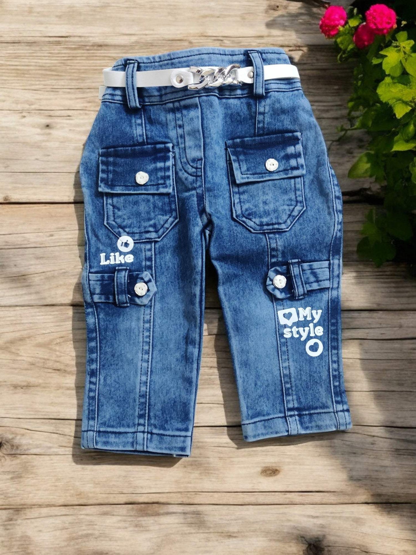 Stylish girl's denim ensemble with jeans, top, and jacket- Bumblehugs.