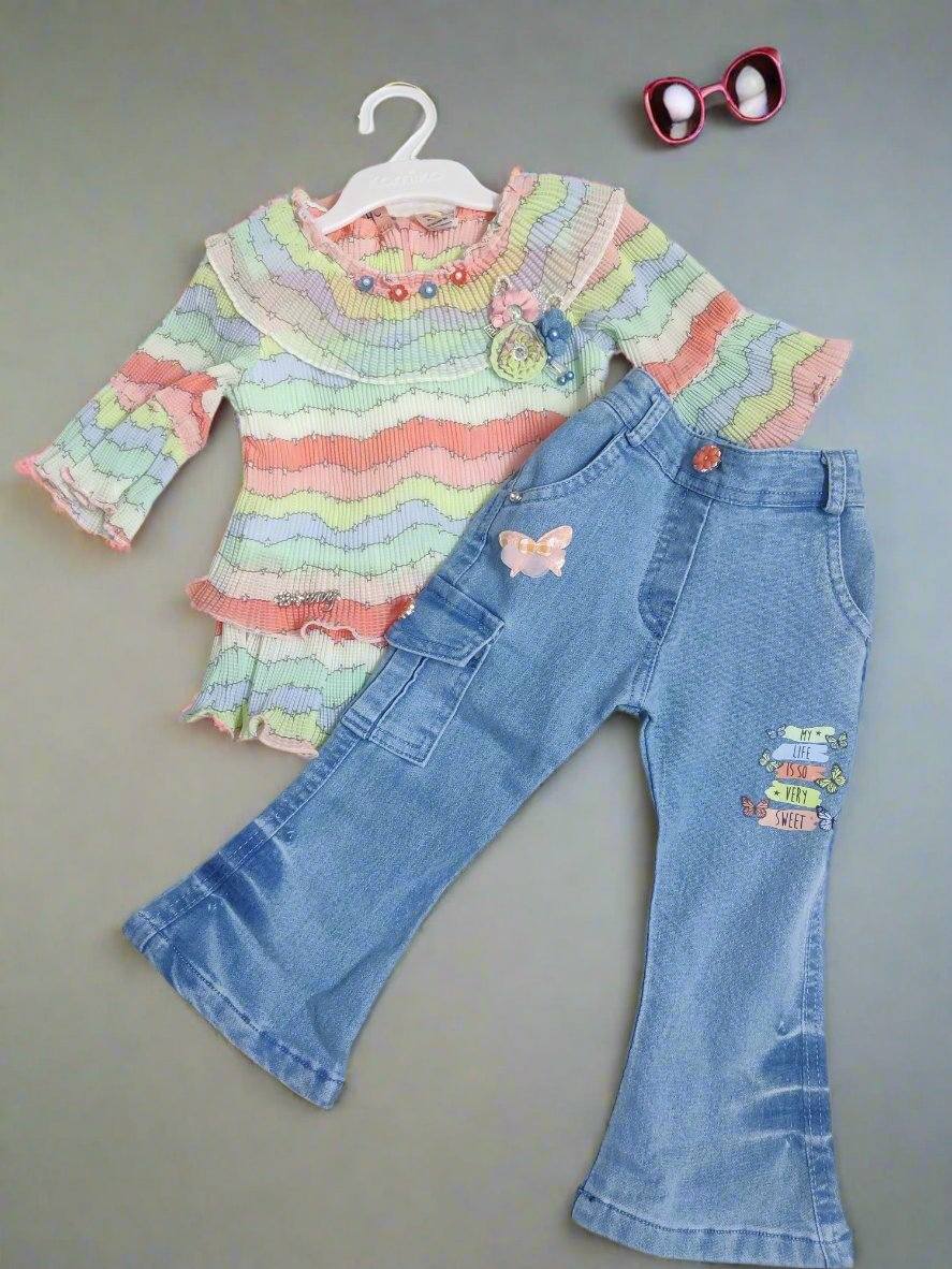 Stylish Children's Striped Outfit top and denim jeans