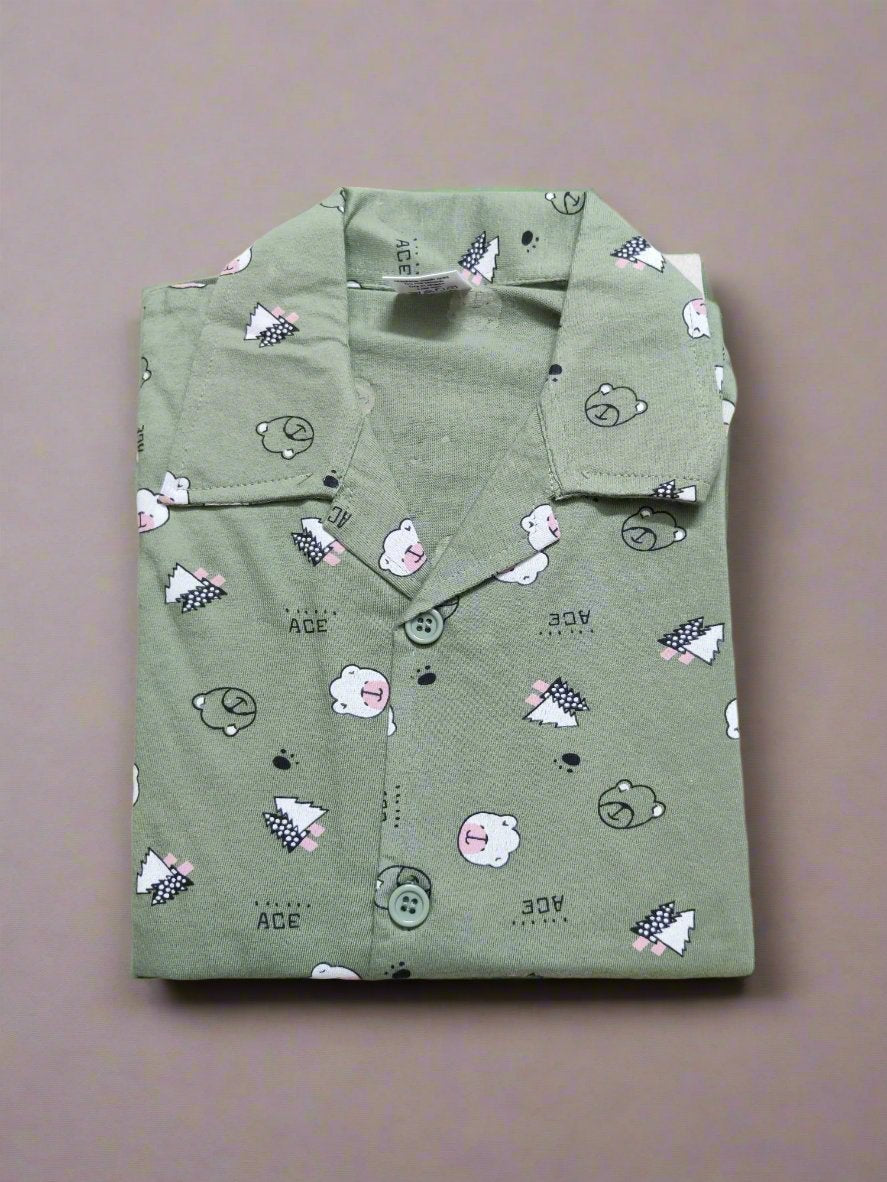 Playful Green Night Dress Set With Fun Designs