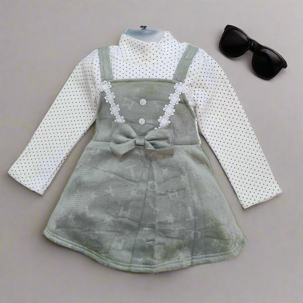 Charming Green Corduroy Dress with Polka Dot Shirt for Kids