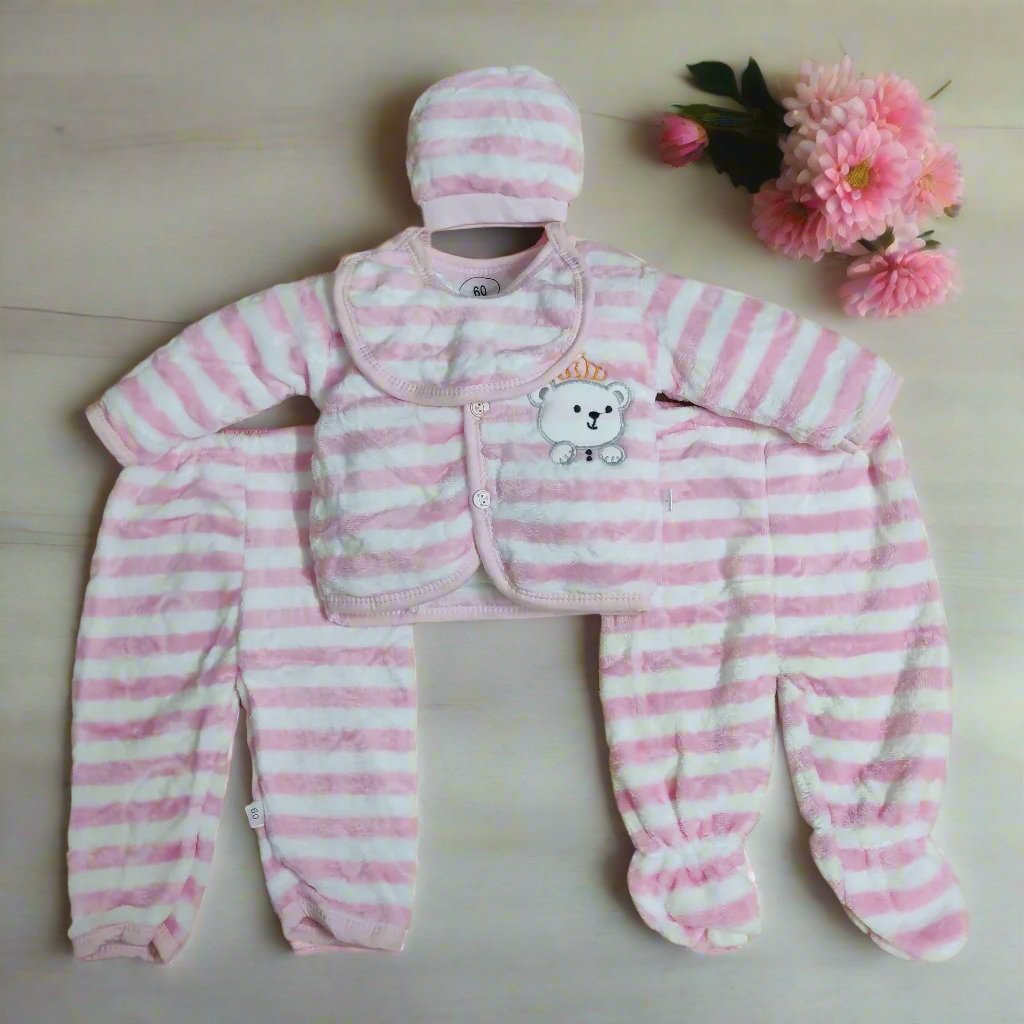 Adorable Light Pink New Born Set With Two Pajamas, Cap and Bib