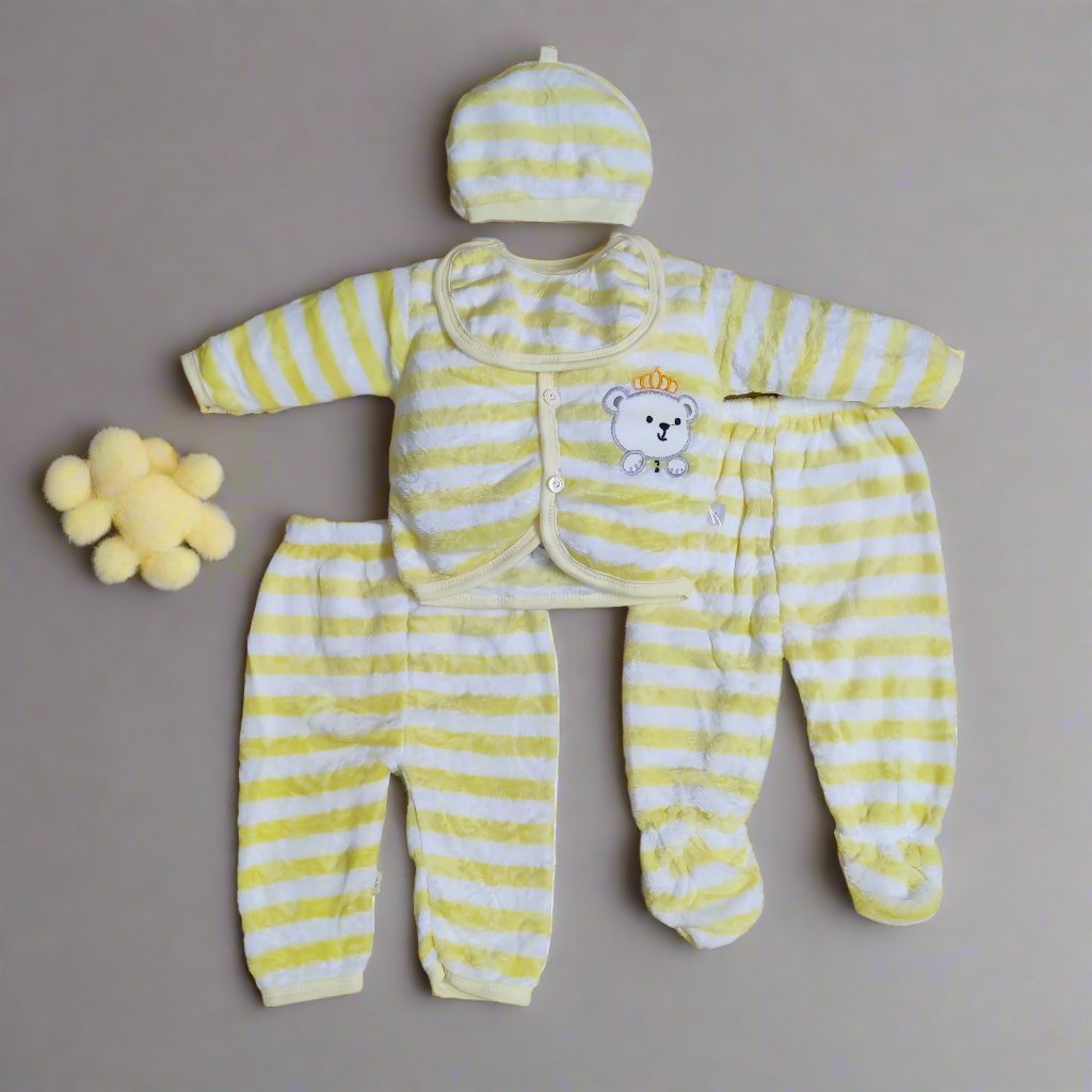 Adorable Light Yellow New Born Set With Two Pajamas, Cap and Bib