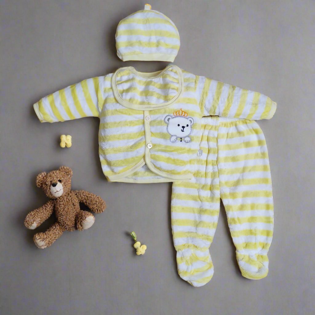 Adorable Light Yellow New Born Set With Two Pajamas, Cap and Bib