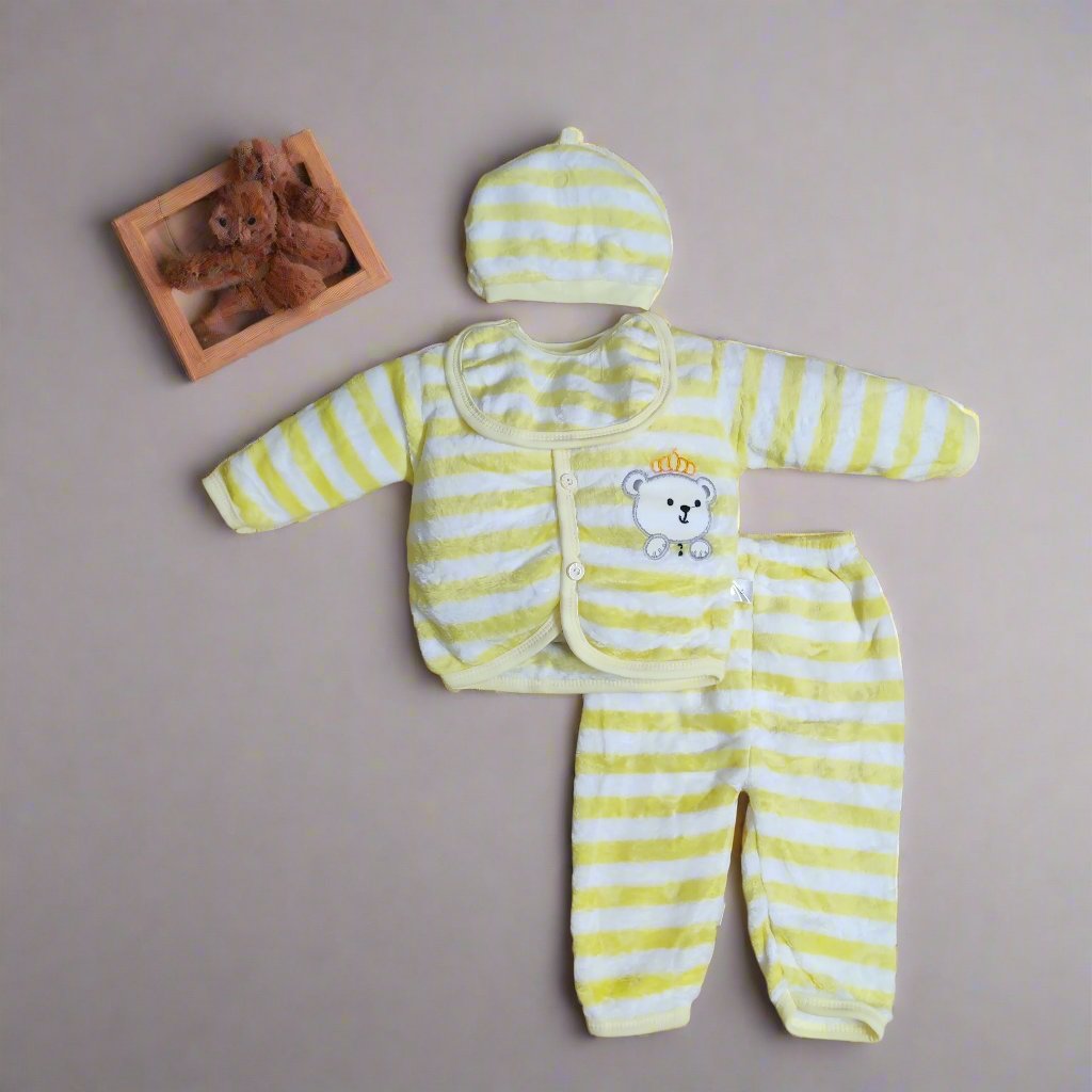Adorable Light Yellow New Born Set With Two Pajamas, Cap and Bib