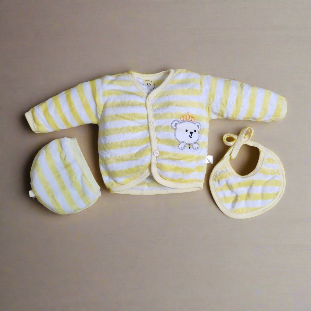Adorable Light Yellow New Born Set With Two Pajamas, Cap and Bib