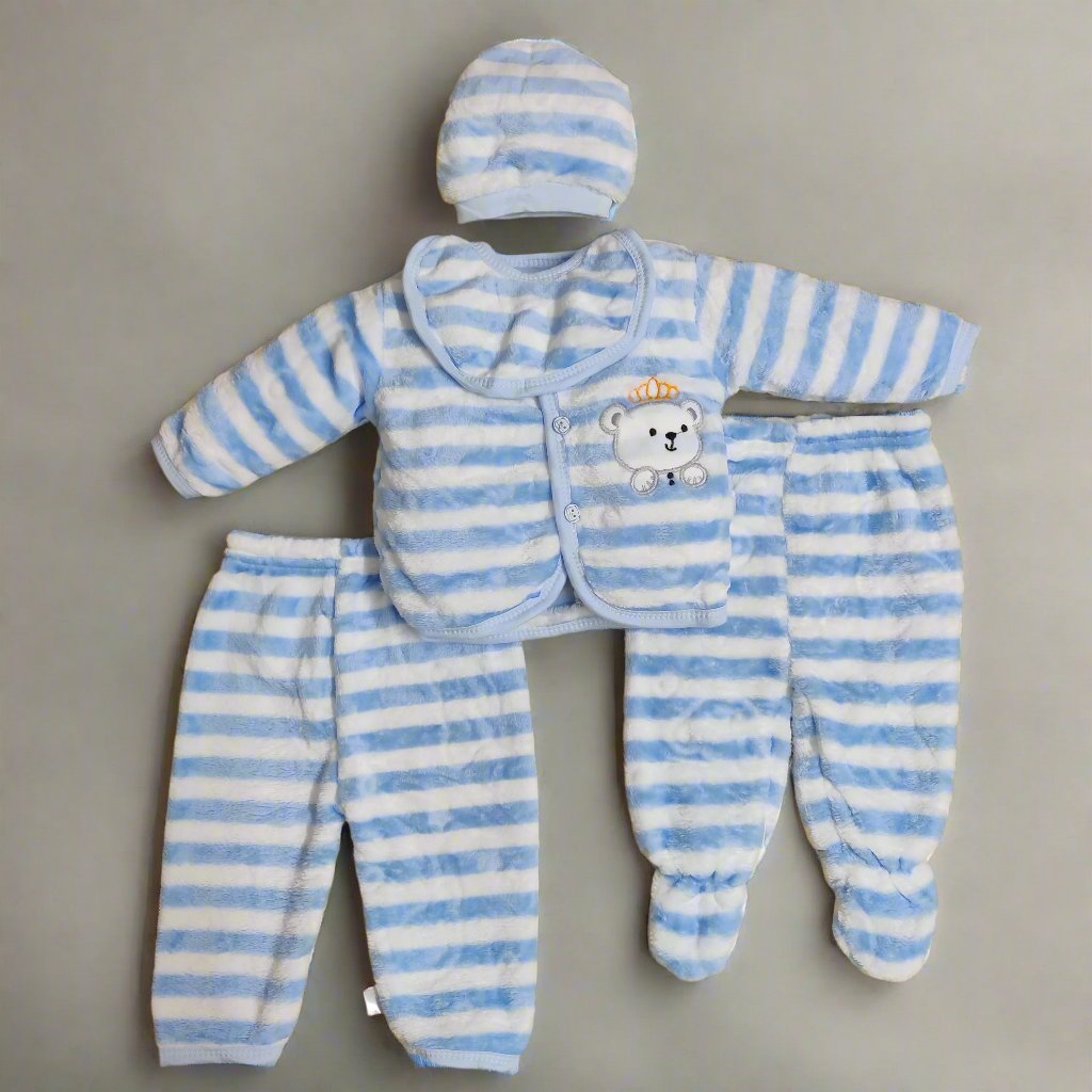 Light Blue Newborn Set with Two Pajamas, Cap, and Bib - Adorable Outfit for Infants