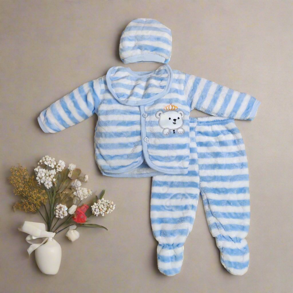 Light Blue Newborn Set with Two Pajamas, Cap, and Bib - Adorable Outfit for Infants