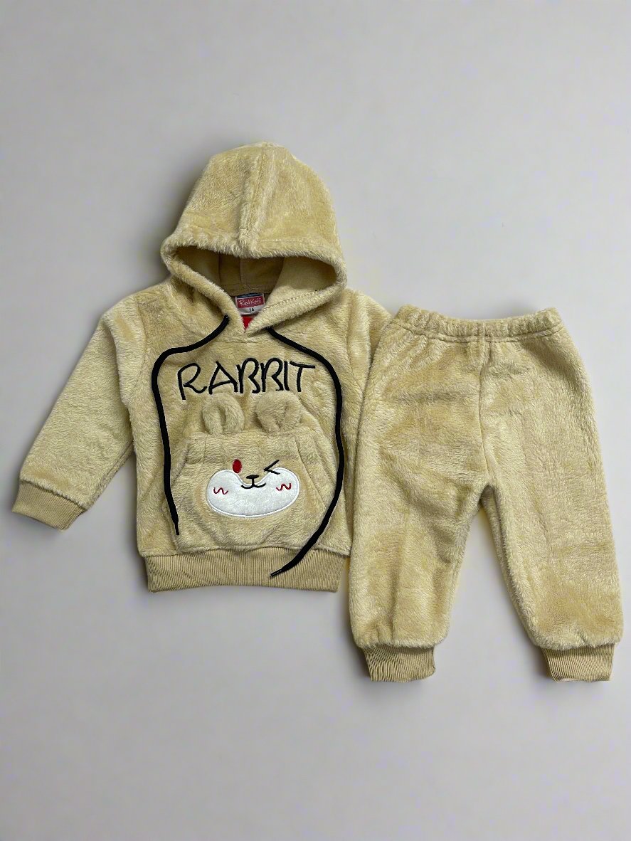 Cute Beige Rabbit Print Hoodie Pants Set for Winter