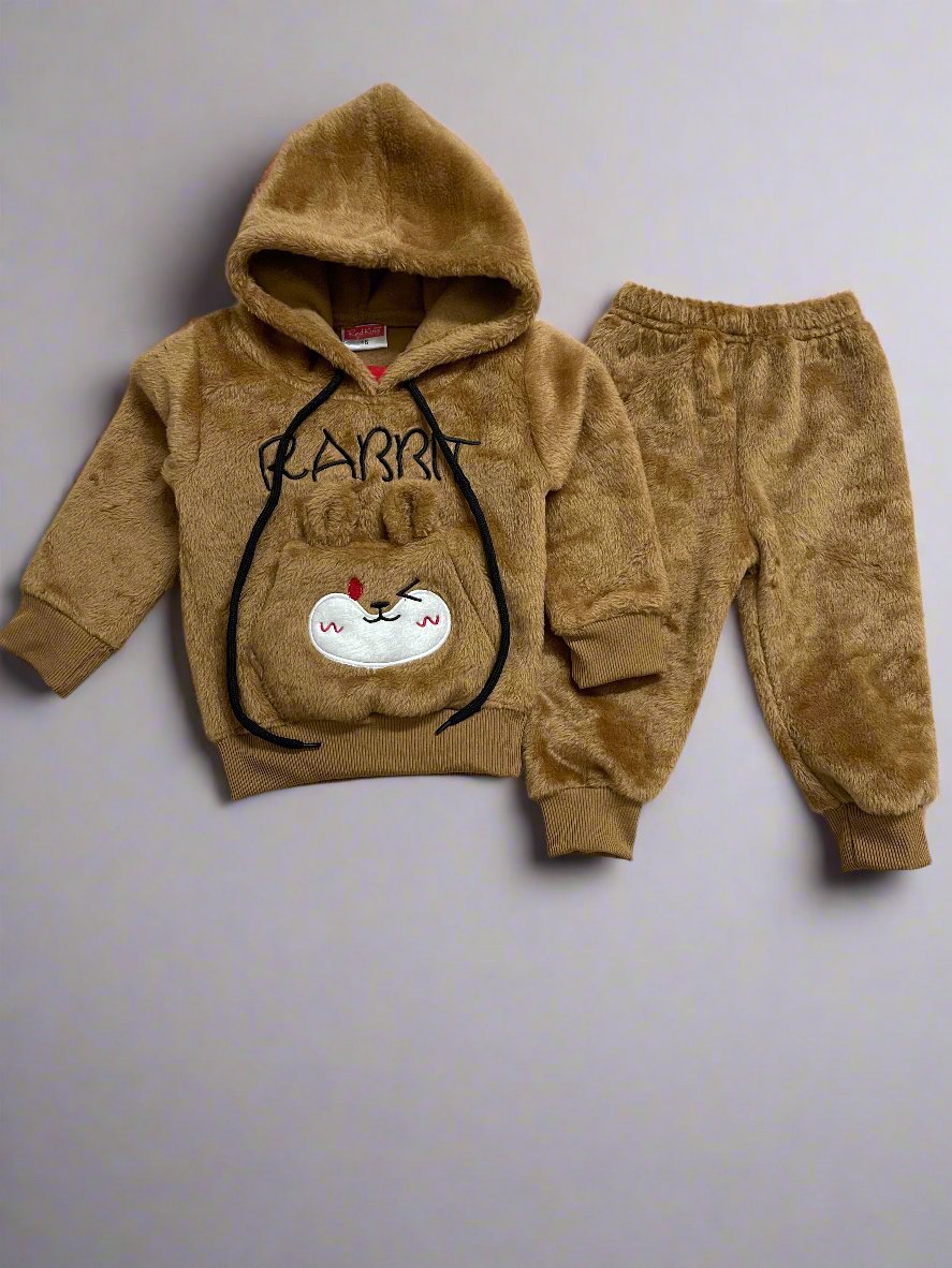 Adorable Brown Fleece hoodie Children's Clothing Set with Bear Design