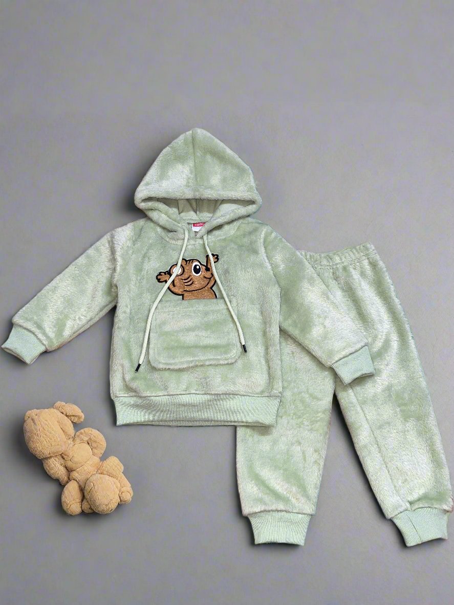 Adorable Light Green Hoodie and Pants Set with Cute Animal Graphics