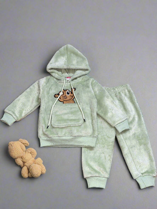 Adorable Light Green Hoodie and Pants Set with Cute Animal Graphics