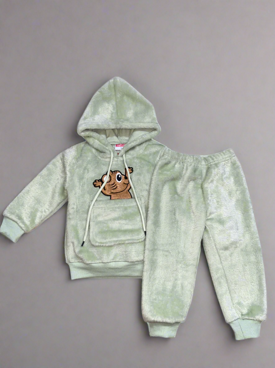 Adorable Light Green Hoodie and Pants Set with Cute Animal Graphics