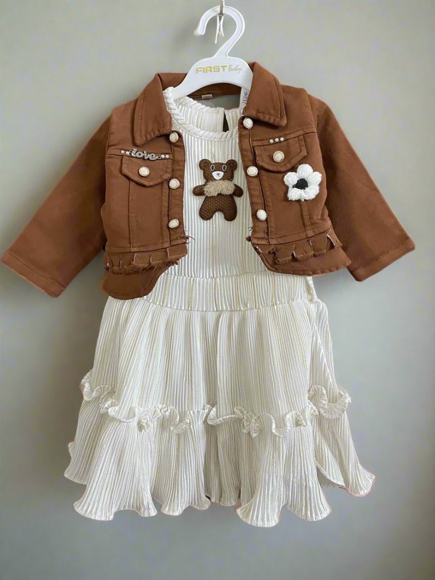 Adorable Baby Girl Dress with Brown Jacket and Teddy Bear Design - Bumblehugs