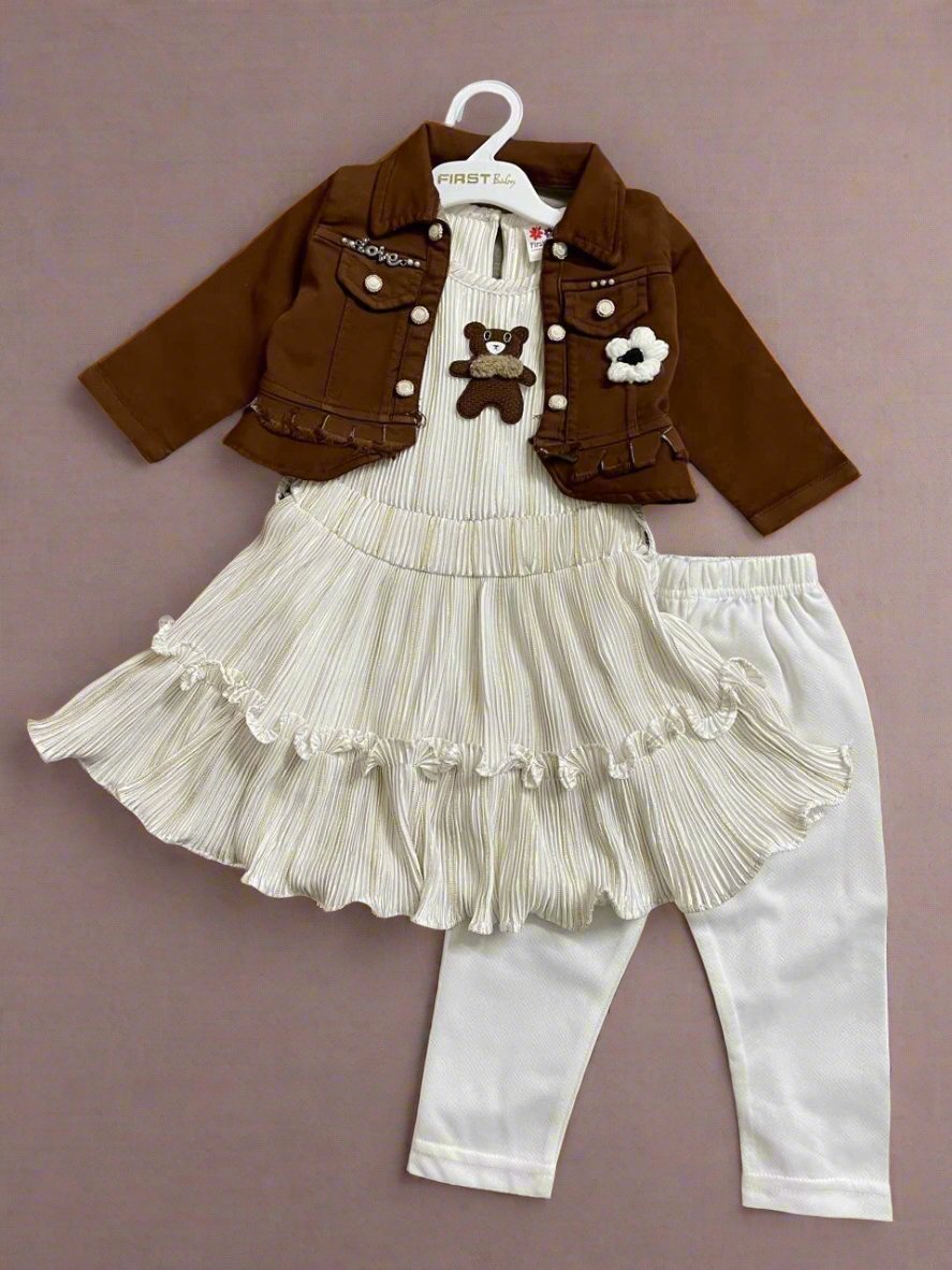 Adorable Baby Girl Dress with Brown Jacket and Teddy Bear Design - Bumblehugs