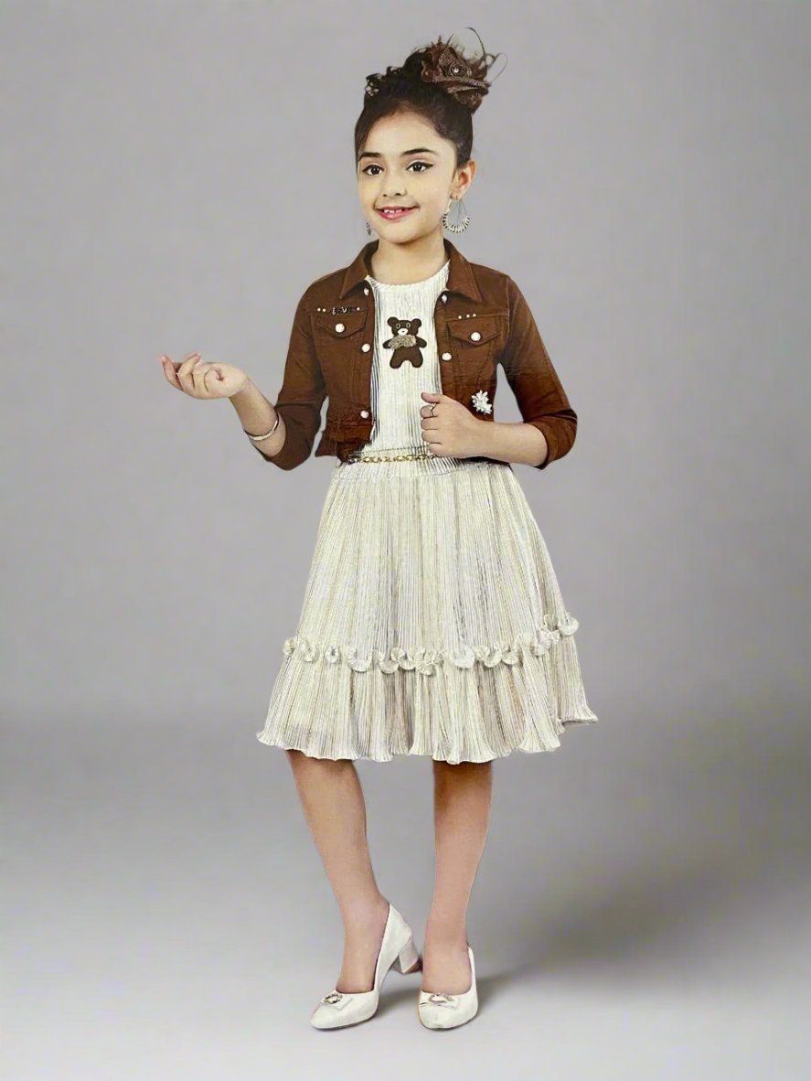 Adorable Baby Girl Dress with Brown Jacket and Teddy Bear Design - Bumblehugs