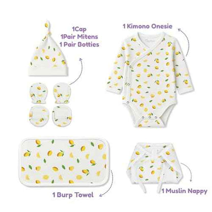 MOM'S HOME Organic Cotton New Born Baby Essentials Gift Set | Baby Shower Gift Hamper | Baby Clothing Gift Combo | Lemon | Pack of 6