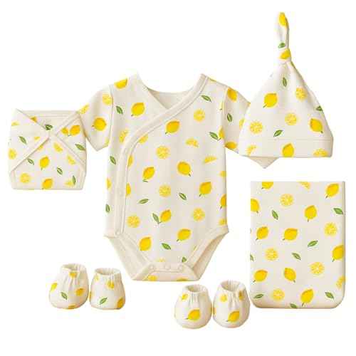 MOM'S HOME Organic Cotton New Born Baby Essentials Gift Set | Baby Shower Gift Hamper | Baby Clothing Gift Combo | Lemon | Pack of 6
