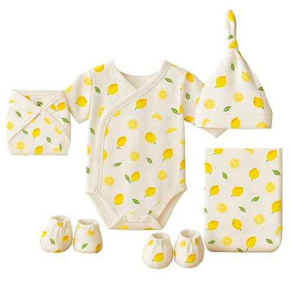 MOM'S HOME Organic Cotton New Born Baby Essentials Gift Set | Baby Shower Gift Hamper | Baby Clothing Gift Combo | Lemon | Pack of 6