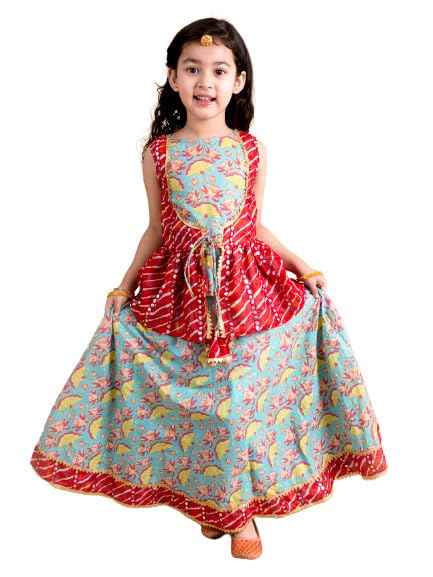 Pspeaches Girls Cotton Printed Sequinned Ready To Wear Readymade Lehenga Choli (Green)