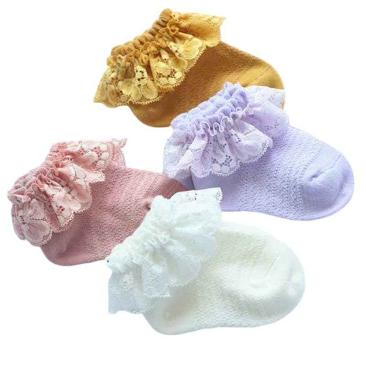 CUTEABLY Baby Girl Cotton Casual Socks, Ruffle Lace Design, Assorted Colours, Short Length, (Assorted)