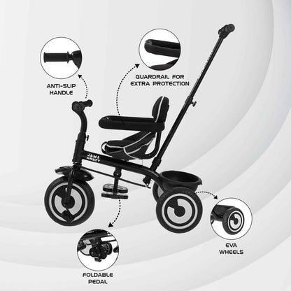 Amazon Brand - Jam & Honey Tricycle for Kids | 2-in-1 with Pedalling & Parental Control | Cushioned Seat | Guardrail & Anti-Slip Handle for Safety | for 2 Years+ Boys and Girls | Yellow and Black