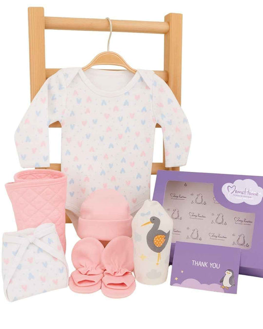 MOM'S HOME Organic Cotton New Born Baby Essentials Gift Set | Baby Shower Gift Hamper | Baby Clothing Gift Combo | Little Hearts | Pack of 7