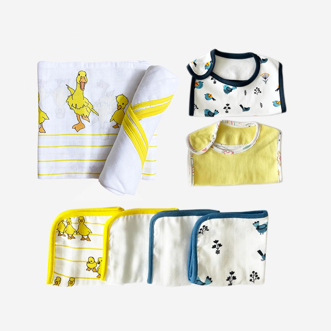 TINYLANE - Curated For You! Newborn Baby Products Gift Set (13 Pcs), Essential Clothing Gift Kit For Infants Of 0-3 Years, Swaddles, Bibs, Cap, Booties, Mittens & Washcloths, Ideal Baby Shower Gift Pack