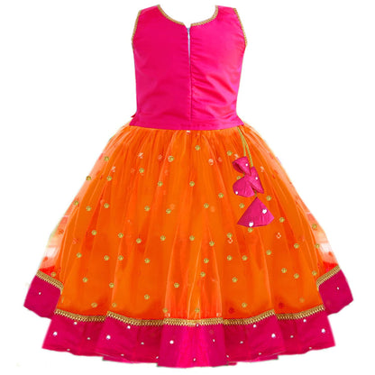 Stanwells Kids Girls Orange & Magenta Mirror Work Flared Net Sleeveless Lehenga Choli Set Pattupavadai for Girls