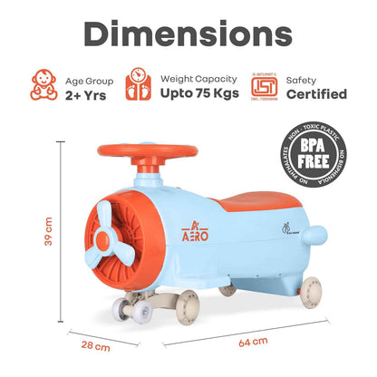 R for Rabbit Iya Iya Aero Kids Swing Car, Scratch Free PU LED Wheels with ABEC7 Bearing, Baby Ride on Magic Toy Panda Car for 2+ Years Boys & Girls, Upto 75 Kgs (Blue Orange)