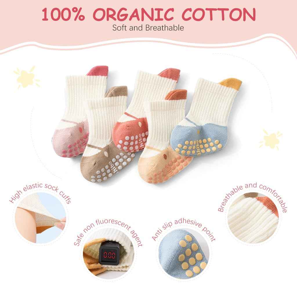 SNOWIE SOFT® 5 Pairs Baby Socks Set, Antislip Socks for New Born Baby 0-3 Years, Non Slip Grip Ankle Socks with Non Skid Soles for Infants Baby Shower Gifts